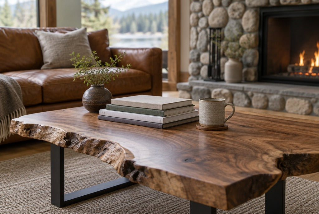 A live-edge solid wood coffee table with a stack of books and a mug in front of a leather sofa and a river-stone fireplace