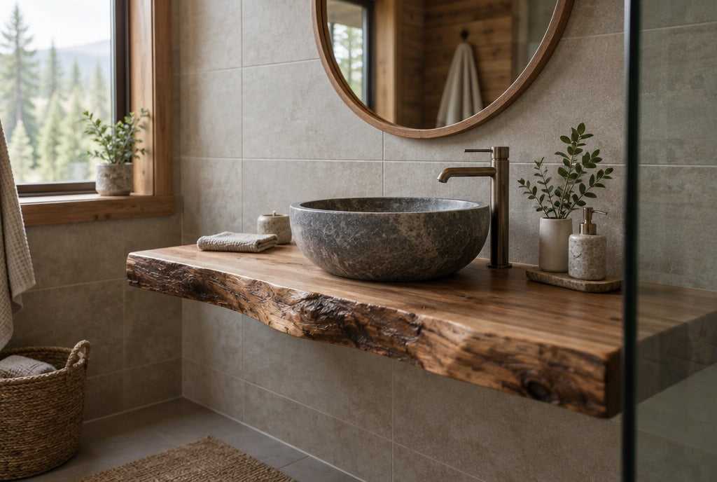 A live-edge solid wood floating bathroom vanity with a stone vessel sink and a round mirror on a tiled cabin bathroom wall