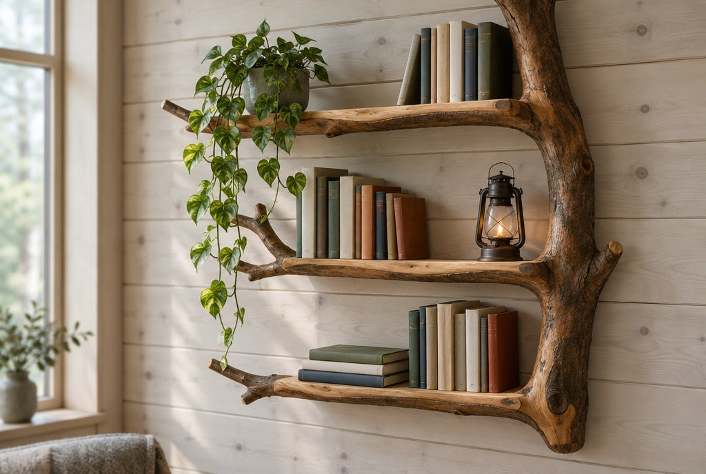 A handcrafted solid wood tree branch bookshelf holding books, a trailing plant and a lantern on a pale plank cabin wall