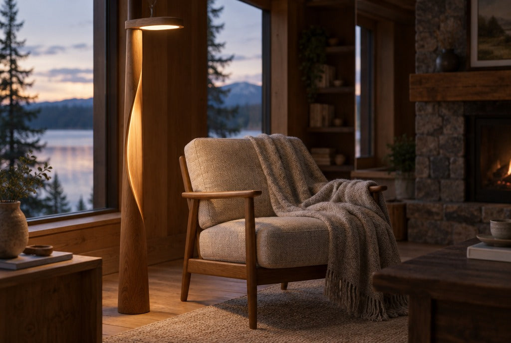 A sculpted solid wood LED floor lamp glowing beside a reading chair with a wool throw in a cozy cabin living room at dusk