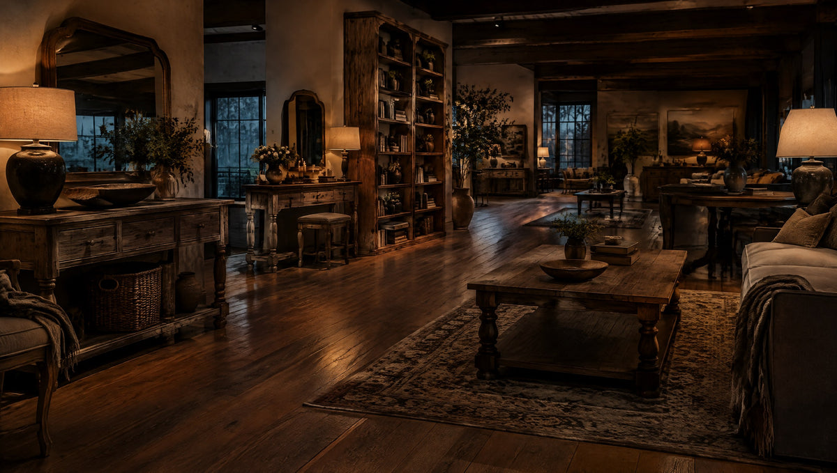 Inside a country furniture hall with newly built vintage-inspired solid wood pieces