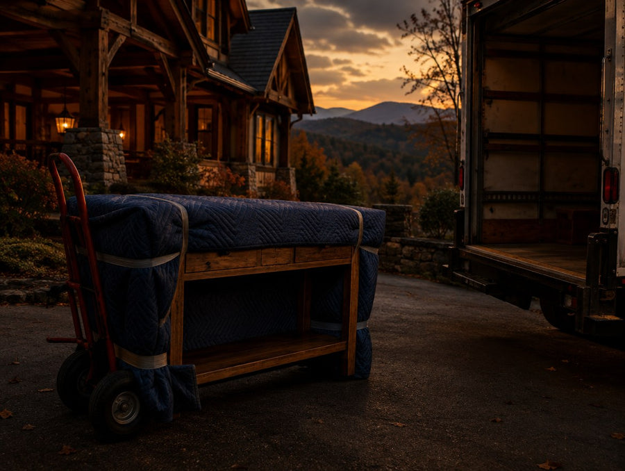 A blanket-wrapped solid wood console on a hand truck beside a box truck in the Tennessee foothills