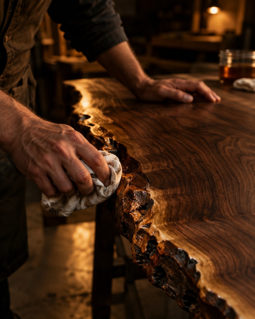 Hands rubbing oil finish into the live edge of a walnut slab