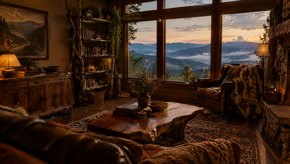 A mountain cabin living room with a vintage-inspired solid wood console, a live-edge coffee table and a tree bookshelf